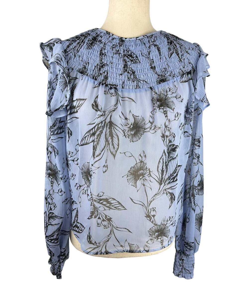 Express Sheer Periwinkle Long Sleeve Blouse Black Floral Print Size XS EUC